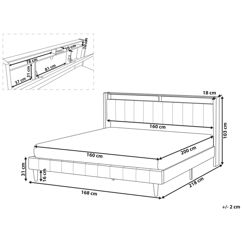 Letto matrimoniale LED Grigio Scuro Tessuto EU Super King Size 160 x 200 cm Testiera imbottita con porta USB Desing moderno