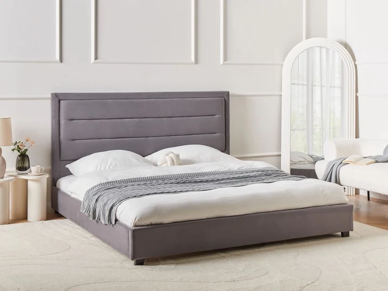 Letto matrimoniale ad acqua in velluto grigio scuro 180 x 200 cm testata imbottita stile moderno