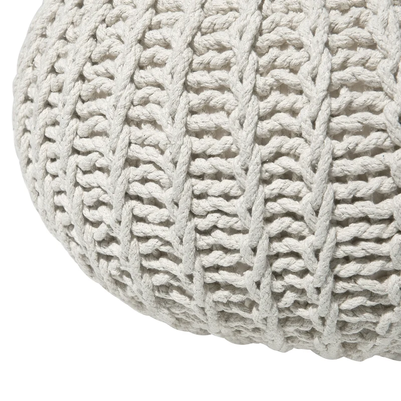 Pouf ottomana beige in cotone lavorato a maglia perline EPS riempimento rotondo piccolo poggiapiedi 50 x 35 cm