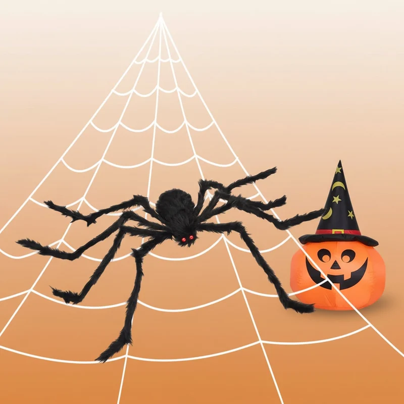 Halloween Decoration: Giant Hairy Spider with Glowing Eyes and Webbing