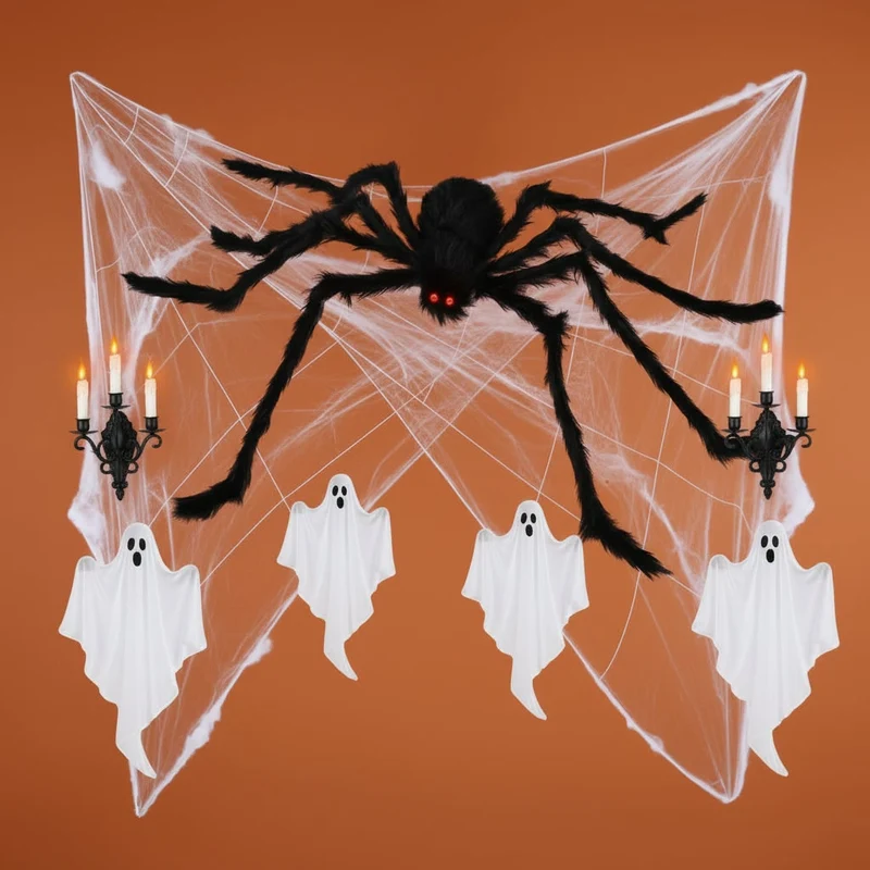 Halloween Decoration: Giant Hairy Spider with Glowing Eyes and Webbing
