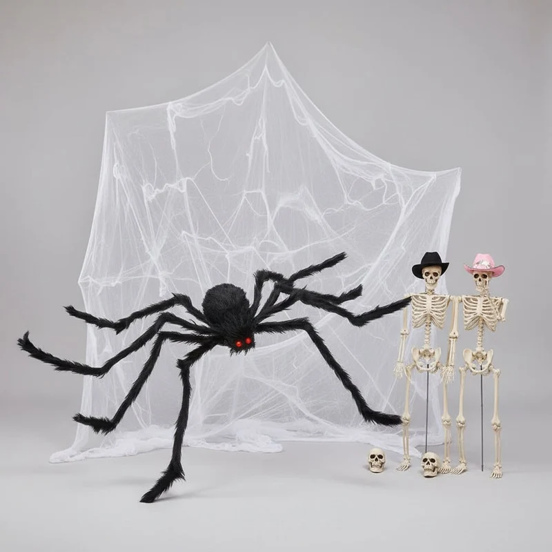 Halloween Decoration: Giant Hairy Spider with Glowing Eyes and Webbing