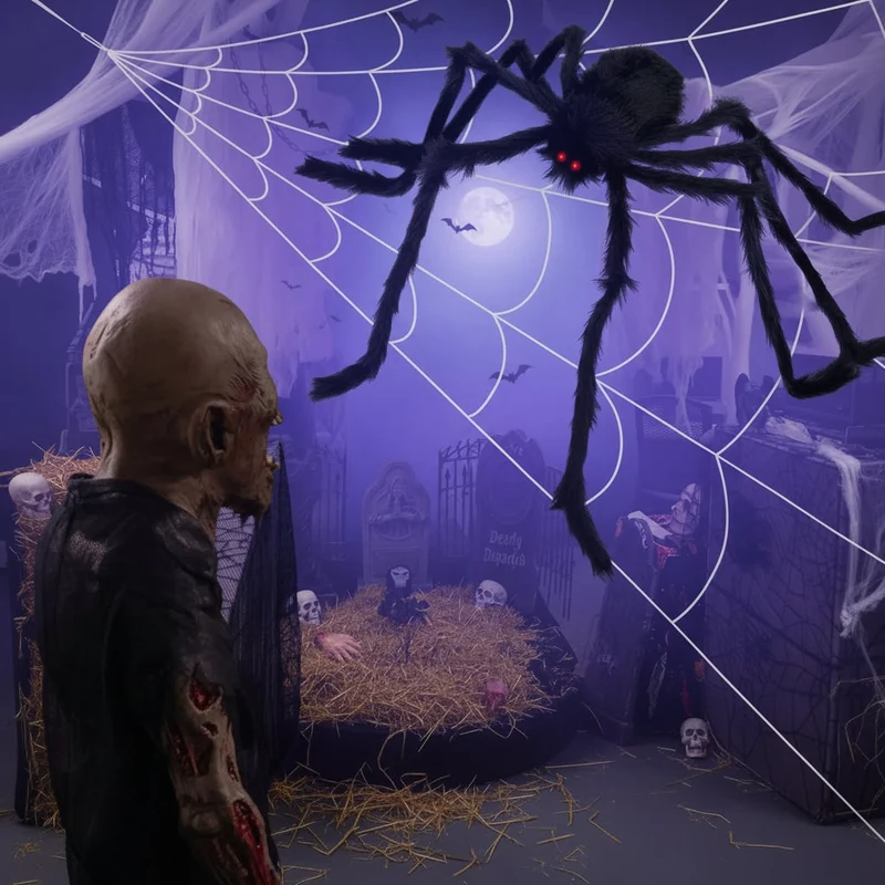 Halloween Decoration: Giant Hairy Spider with Glowing Eyes and Webbing