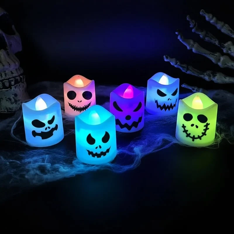 Halloween LED Battery-Operated Tealight Candles, Set of 6, Pumpkin-Themed, Safe for Decoration