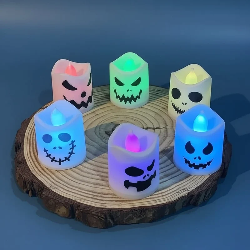 Halloween LED Battery-Operated Tealight Candles, Set of 6, Pumpkin-Themed, Safe for Decoration