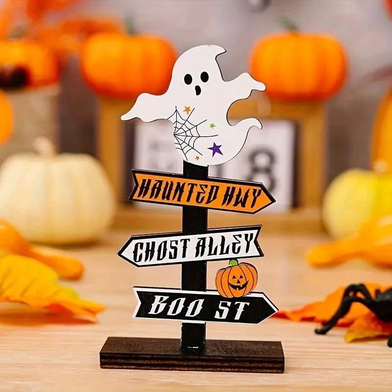 Wooden Halloween Table Sign with Directional Arrows and Ghost Pumpkin Cutouts