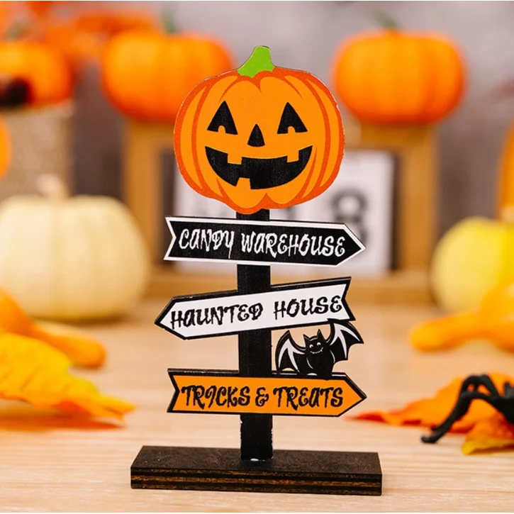 Wooden Halloween Table Sign with Directional Arrows and Ghost Pumpkin Cutouts