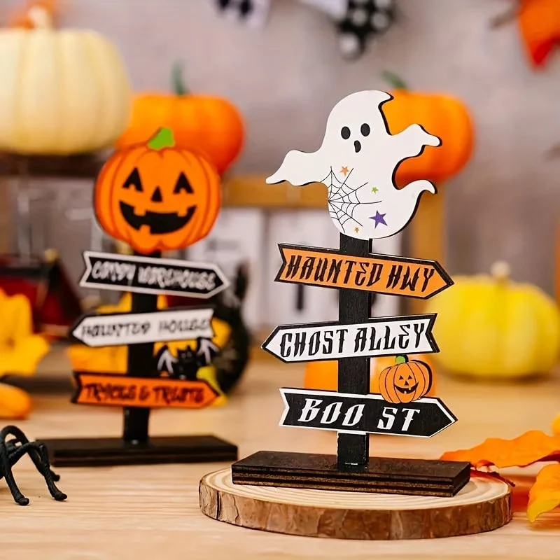 Wooden Halloween Table Sign with Directional Arrows and Ghost Pumpkin Cutouts