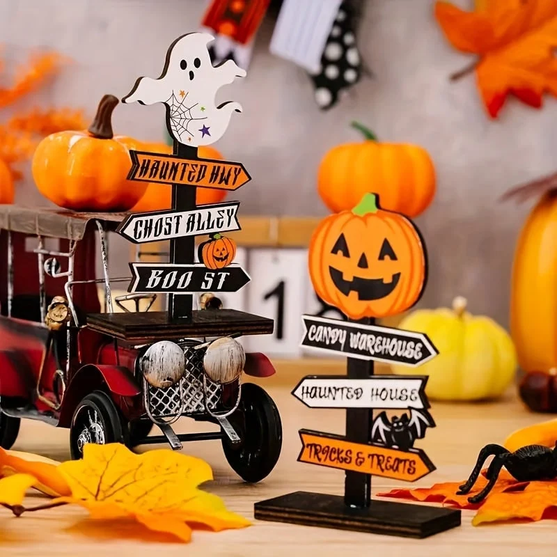 Wooden Halloween Table Sign with Directional Arrows and Ghost Pumpkin Cutouts