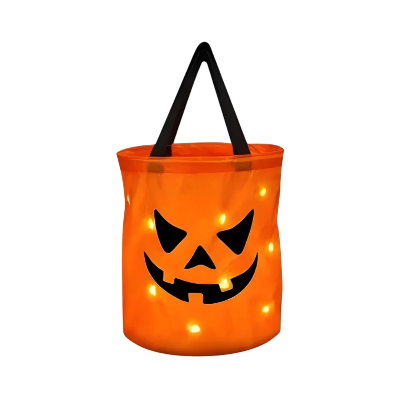 Halloween Bucket with LED Lights and Jack-O-Lantern Print for Trick-Or-Treat Candy