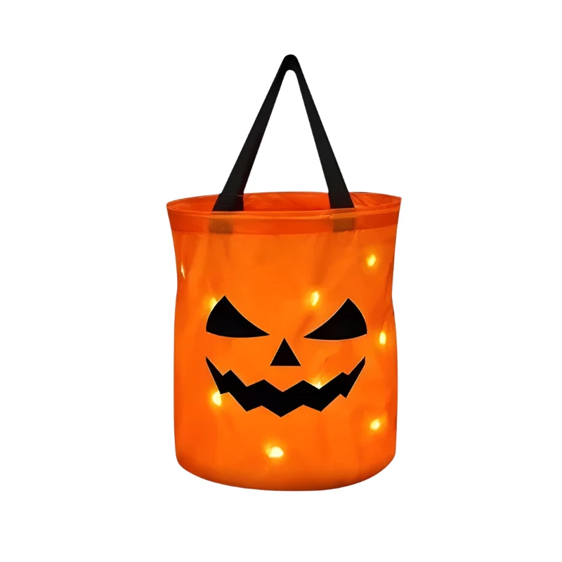 Halloween Bucket with LED Lights and Jack-O-Lantern Print for Trick-Or-Treat Candy
