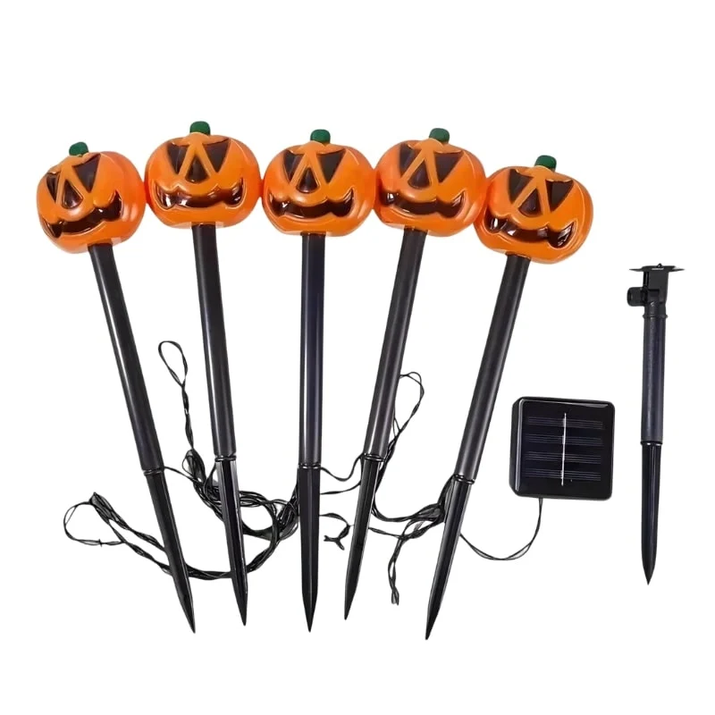 Halloween Solar Lights with Pumpkin Shaped Stakes Set of 5 for Outdoor Garden Decoration