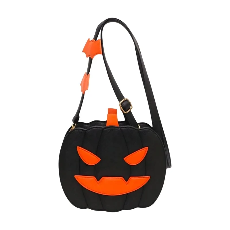 Women's Pumpkin Purse Crossbody Bag with Jack O Lantern Face and Bat Strap Details