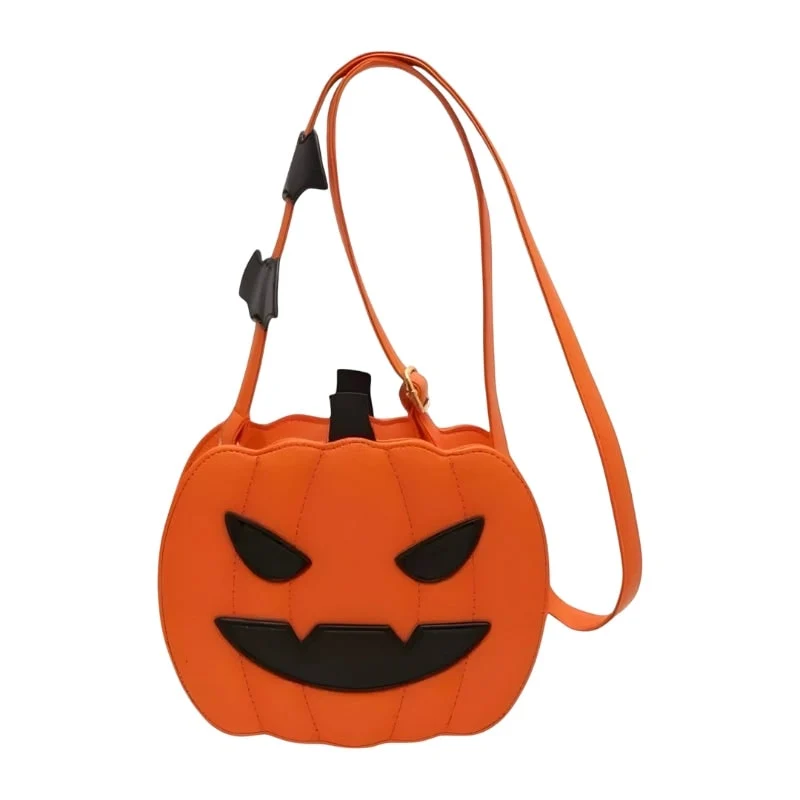Women's Pumpkin Purse Crossbody Bag with Jack O Lantern Face and Bat Strap Details