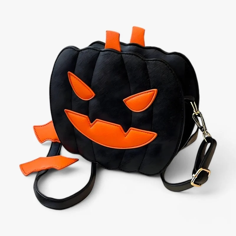 Women's Pumpkin Purse Crossbody Bag with Jack O Lantern Face and Bat Strap Details