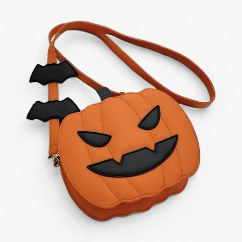 Women's Pumpkin Purse Crossbody Bag with Jack O Lantern Face and Bat Strap Details