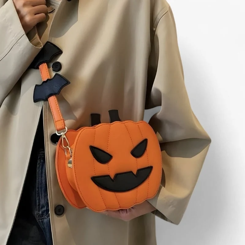 Women's Pumpkin Purse Crossbody Bag with Jack O Lantern Face and Bat Strap Details