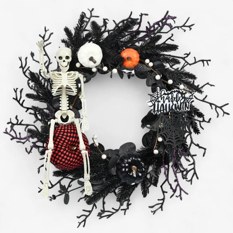 Front Door Autumn Wreath with Skeleton Pumpkins and Artificial Fall Branches