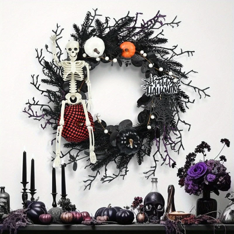 Front Door Autumn Wreath with Skeleton Pumpkins and Artificial Fall Branches