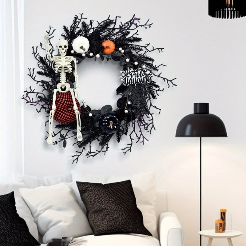 Front Door Autumn Wreath with Skeleton Pumpkins and Artificial Fall Branches