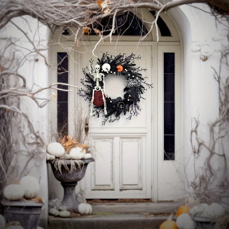 Front Door Autumn Wreath with Skeleton Pumpkins and Artificial Fall Branches