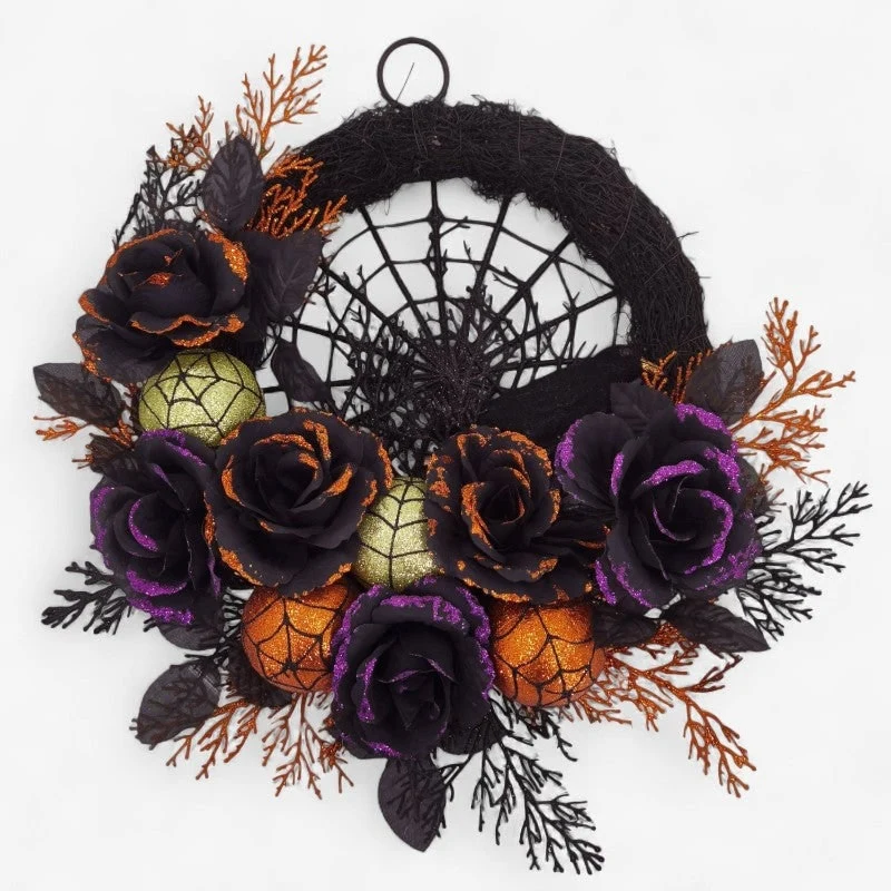 Halloween Wreath with Artificial Roses and Spider Web for Spooky Door Decorations