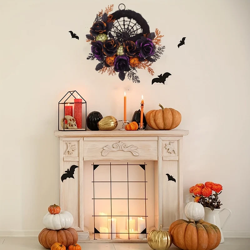 Halloween Wreath with Artificial Roses and Spider Web for Spooky Door Decorations