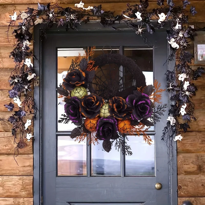 Halloween Wreath with Artificial Roses and Spider Web for Spooky Door Decorations