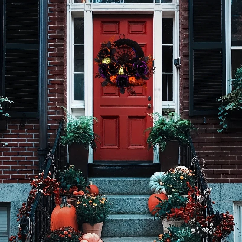 Halloween Wreath with Artificial Roses and Spider Web for Spooky Door Decorations