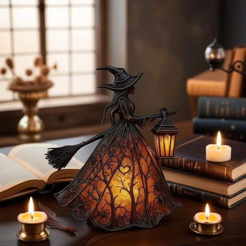 Halloween Witch Light with LED Lantern Battery Powered Broomstick Figurine for Party Décor