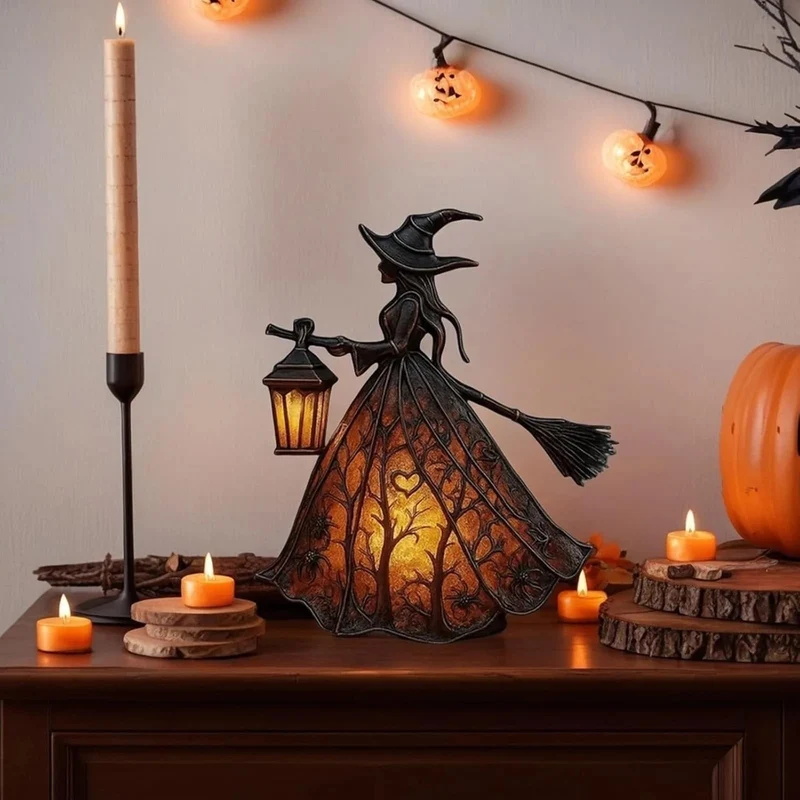 Halloween Witch Light with LED Lantern Battery Powered Broomstick Figurine for Party Décor