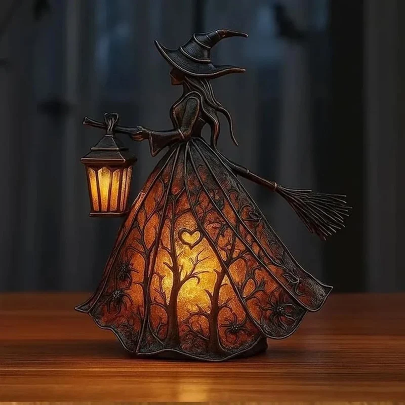 Halloween Witch Light with LED Lantern Battery Powered Broomstick Figurine for Party Décor