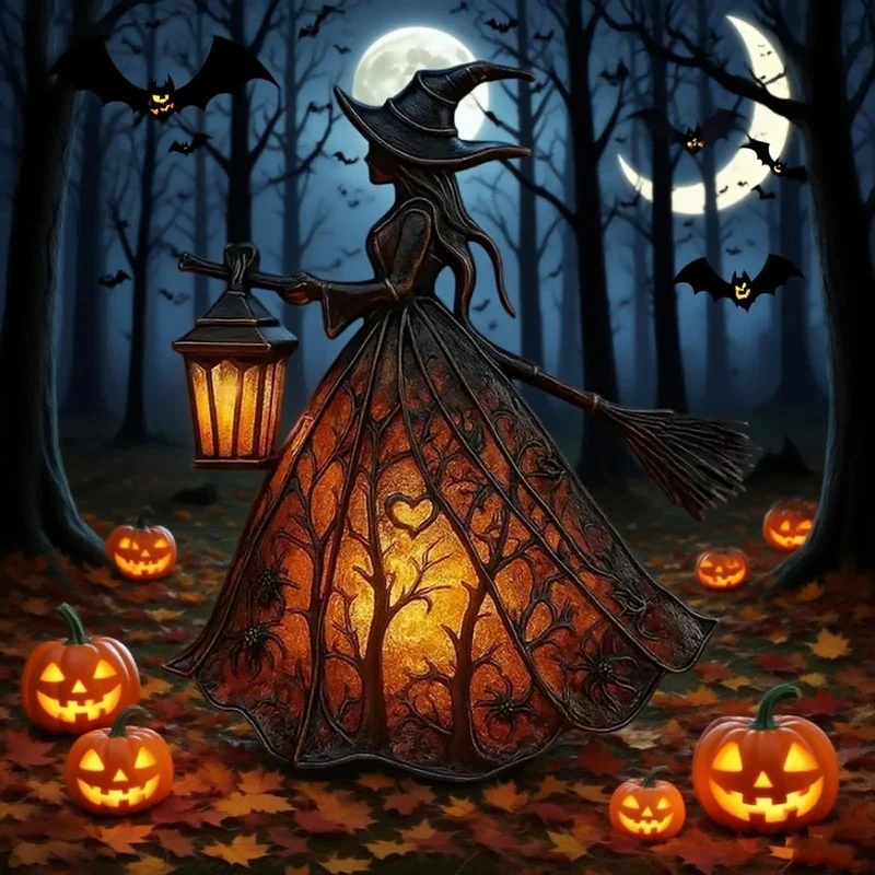 Halloween Witch Light with LED Lantern Battery Powered Broomstick Figurine for Party Décor