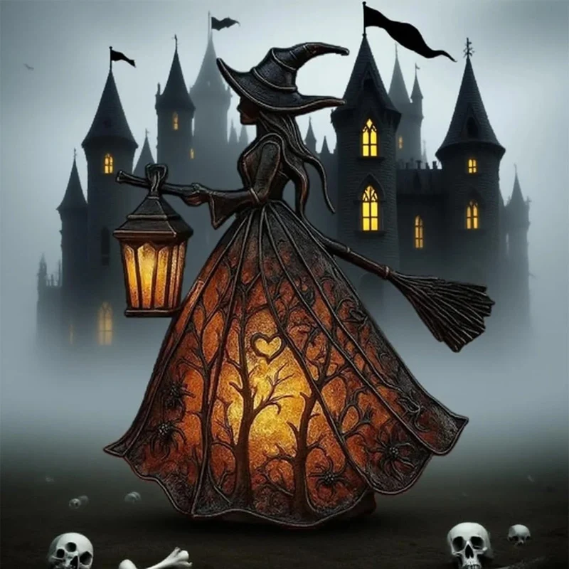 Halloween Witch Light with LED Lantern Battery Powered Broomstick Figurine for Party Décor