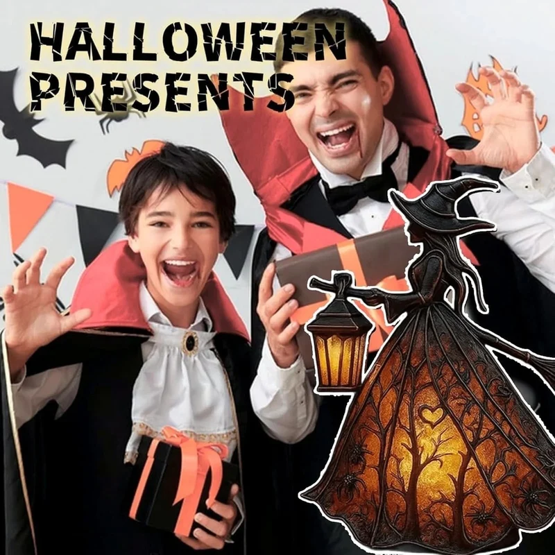 Halloween Witch Light with LED Lantern Battery Powered Broomstick Figurine for Party Décor
