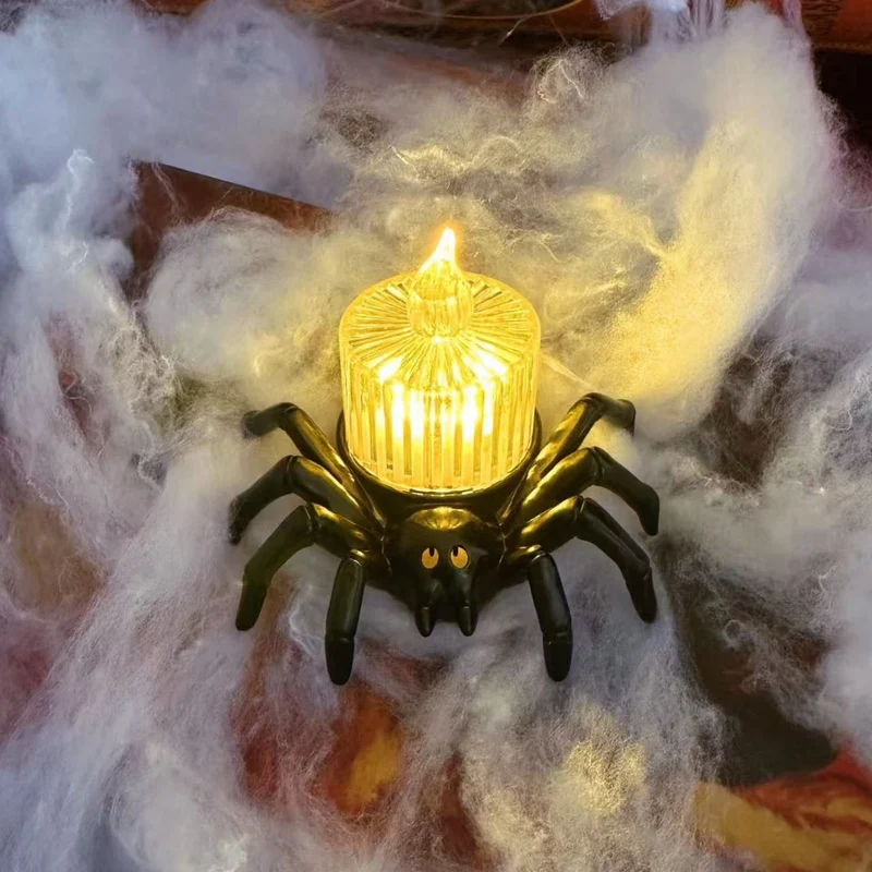 Large Halloween Spider Decoration with LED Candle and Glowing Eyes Light