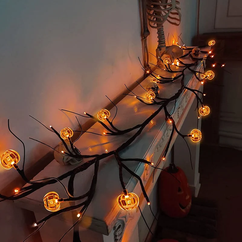 Battery Operated Halloween Lights Garland with Bat and Pumpkin Branches 6 Feet LED String