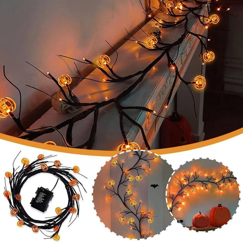 Battery Operated Halloween Lights Garland with Bat and Pumpkin Branches 6 Feet LED String