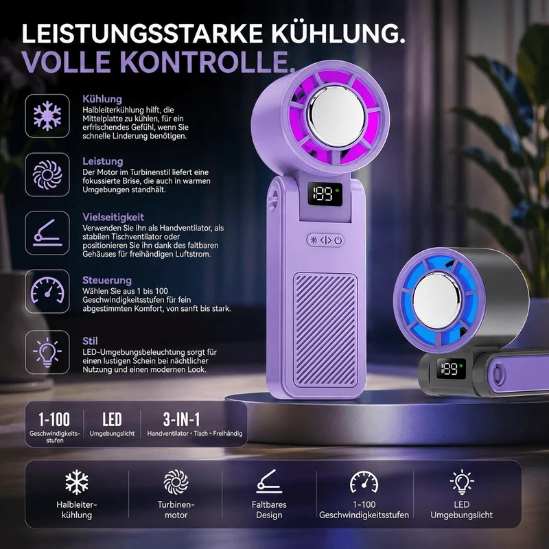 Faltbarer Mini-Handventilator mit LED-Display | Kryolux