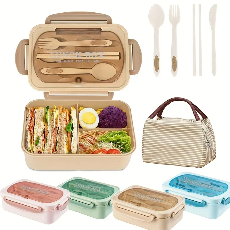 Bento Lunchbox – 3 Vakken met 4-Delige Bestekset & Lekwerende Deksel