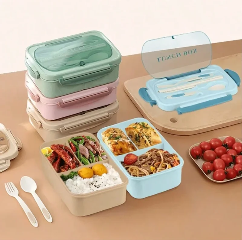 Bento Lunchbox – 3 Vakken met 4-Delige Bestekset & Lekwerende Deksel