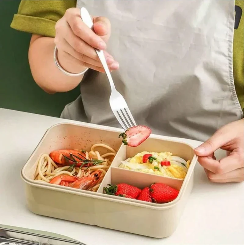 Bento Lunchbox – 3 Vakken met 4-Delige Bestekset & Lekwerende Deksel