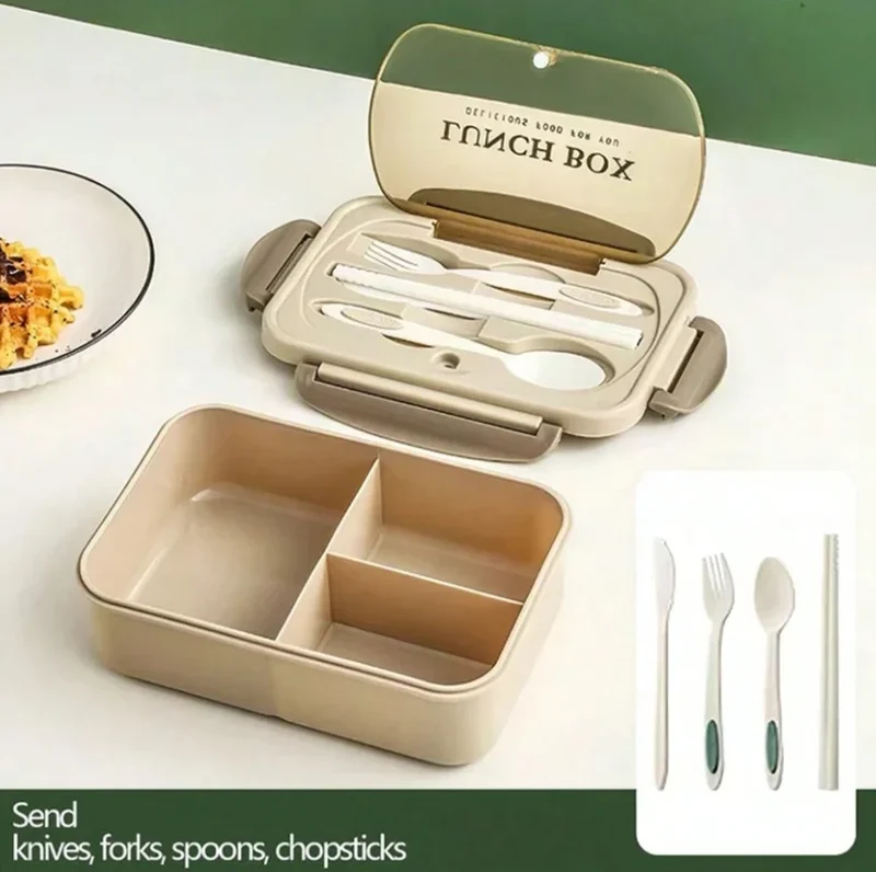 Bento Lunchbox – 3 Vakken met 4-Delige Bestekset & Lekwerende Deksel