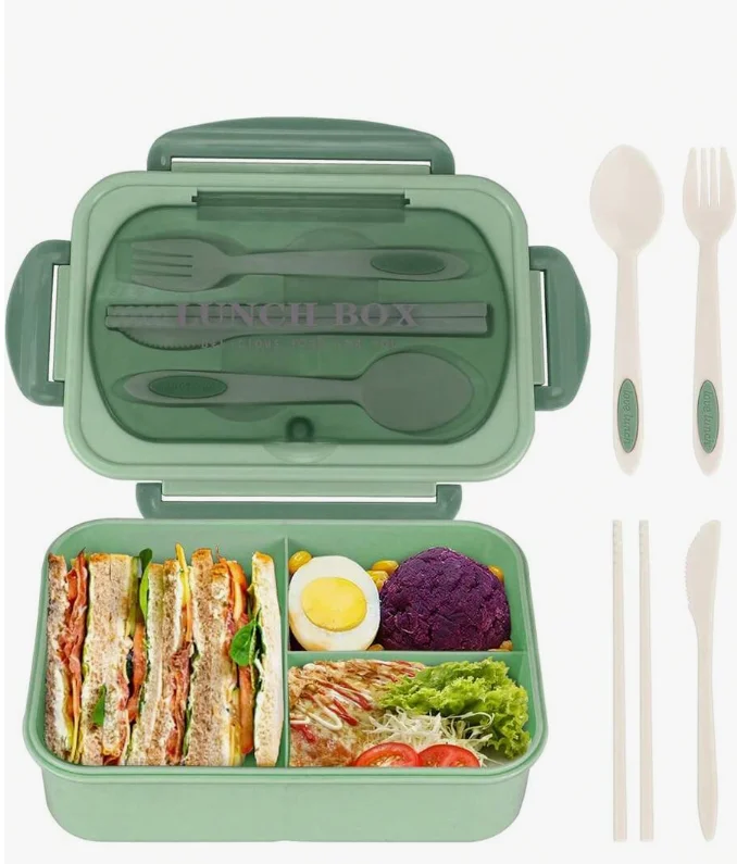 Bento Lunchbox – 3 Vakken met 4-Delige Bestekset & Lekwerende Deksel