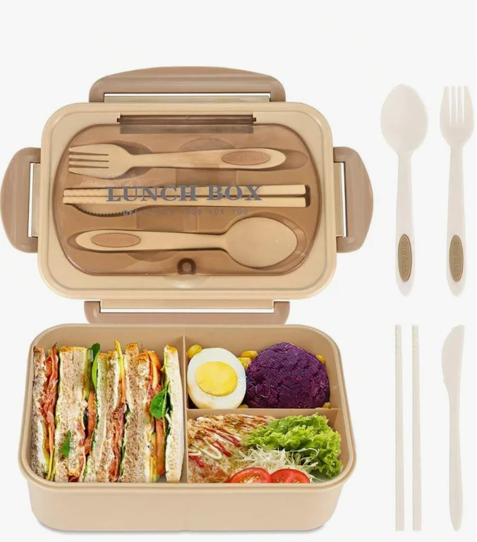 Bento Lunchbox – 3 Vakken met 4-Delige Bestekset & Lekwerende Deksel