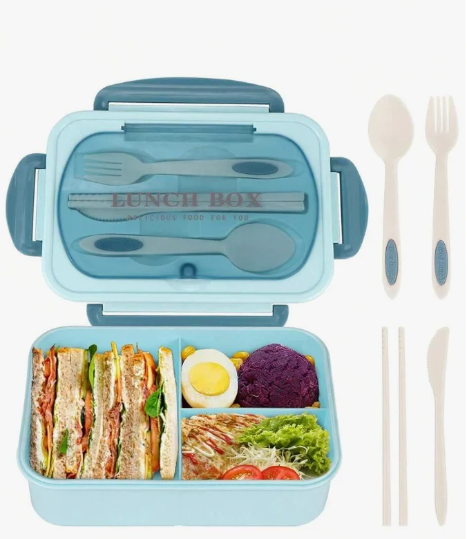 Bento Lunchbox – 3 Vakken met 4-Delige Bestekset & Lekwerende Deksel
