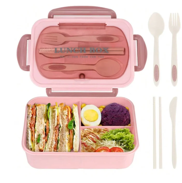 Bento Lunchbox – 3 Vakken met 4-Delige Bestekset & Lekwerende Deksel