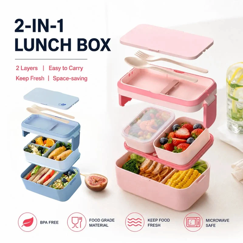 Bento lunchbox kinderen – 2 lagen, 1780 ml en bestek