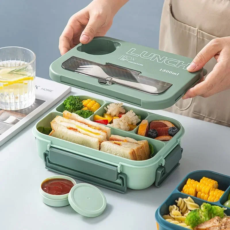 Bento Lunchbox 1300ML – Met Bestek, Sauskom & Compartimenten