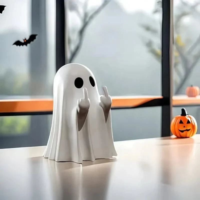 Ghost Figurine with Raised Middle Finger Matte White Plastic Halloween Decoration